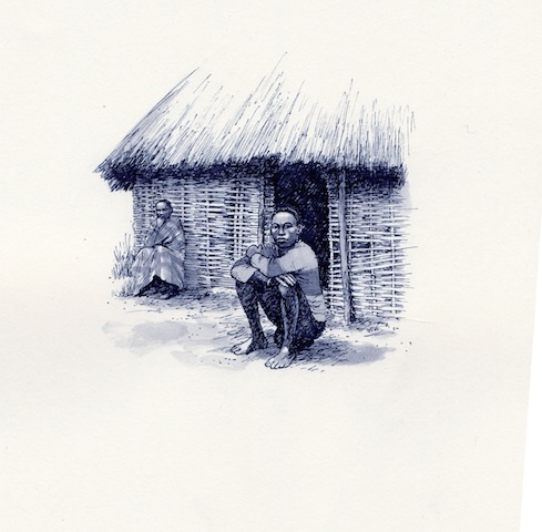 Drawing of Egassi Reta seated outside a woven house