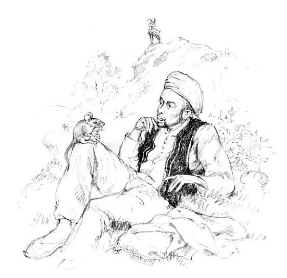 Drawing of a prince seated among animal companions