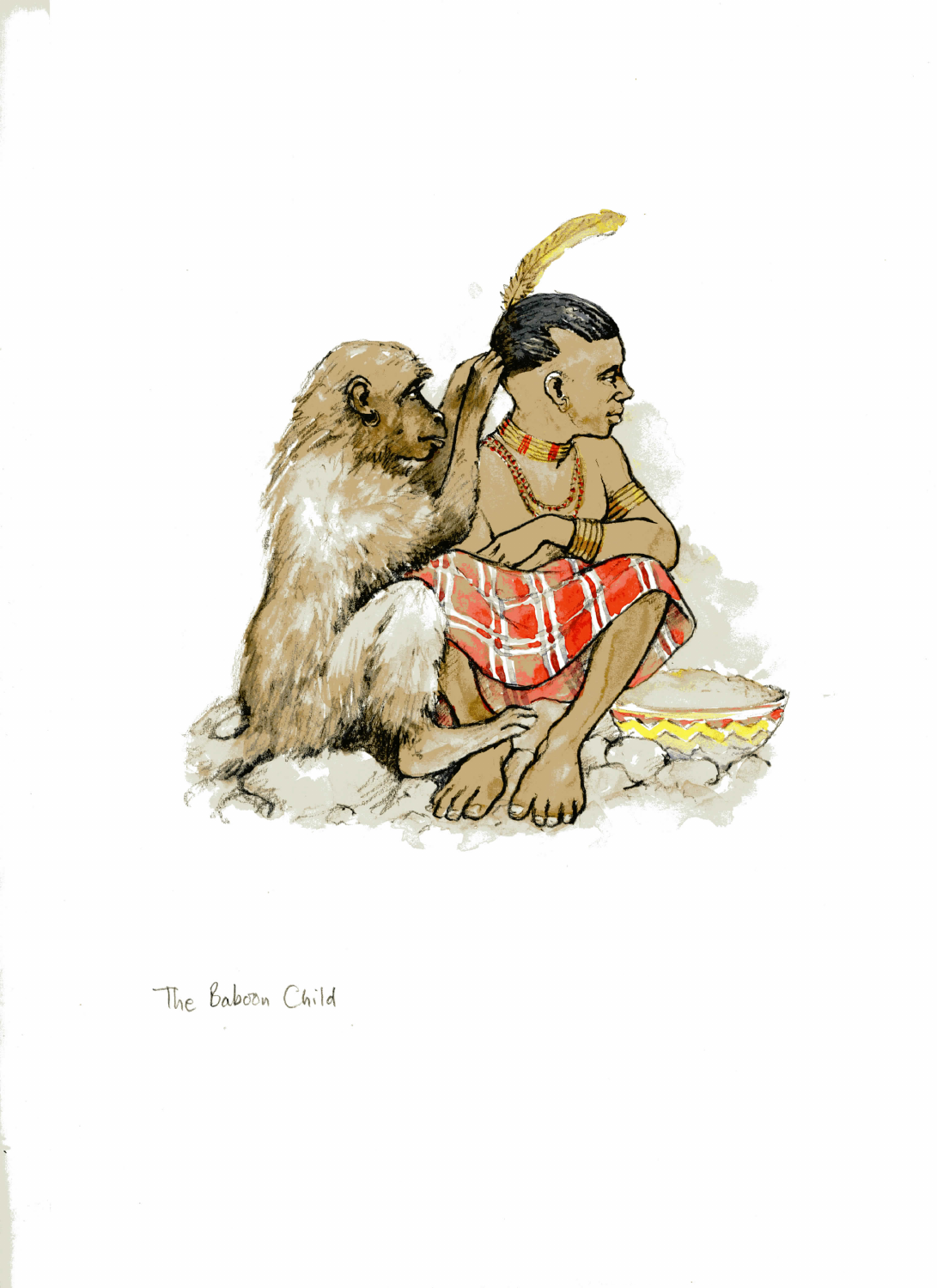 Illustration of a baboon tending a child’s hair