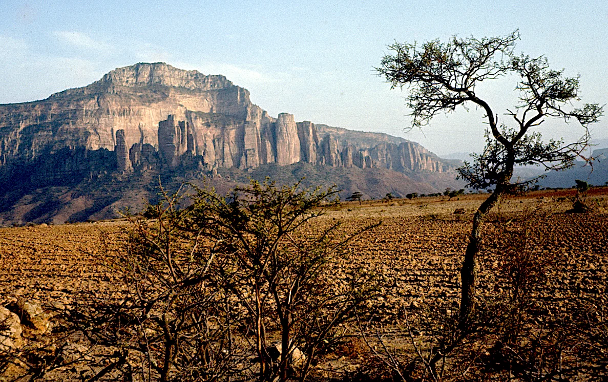 Sandstone cliffs and rock chimneys near Hawzien in Tigray